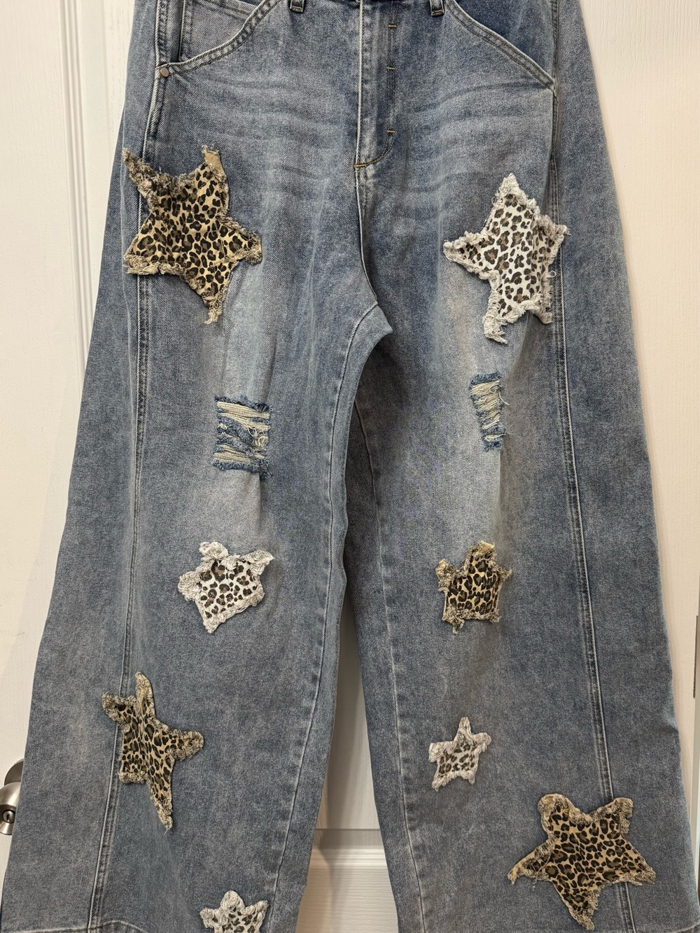 Blue Velvet Wide Leg Denim Jeans with Leopard Star Patches